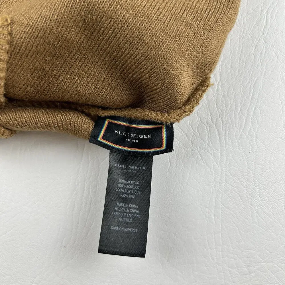 Kurt Geiger Brown Gold Studded Beanie Hat Metallic Logo Cuff Knit NWT
